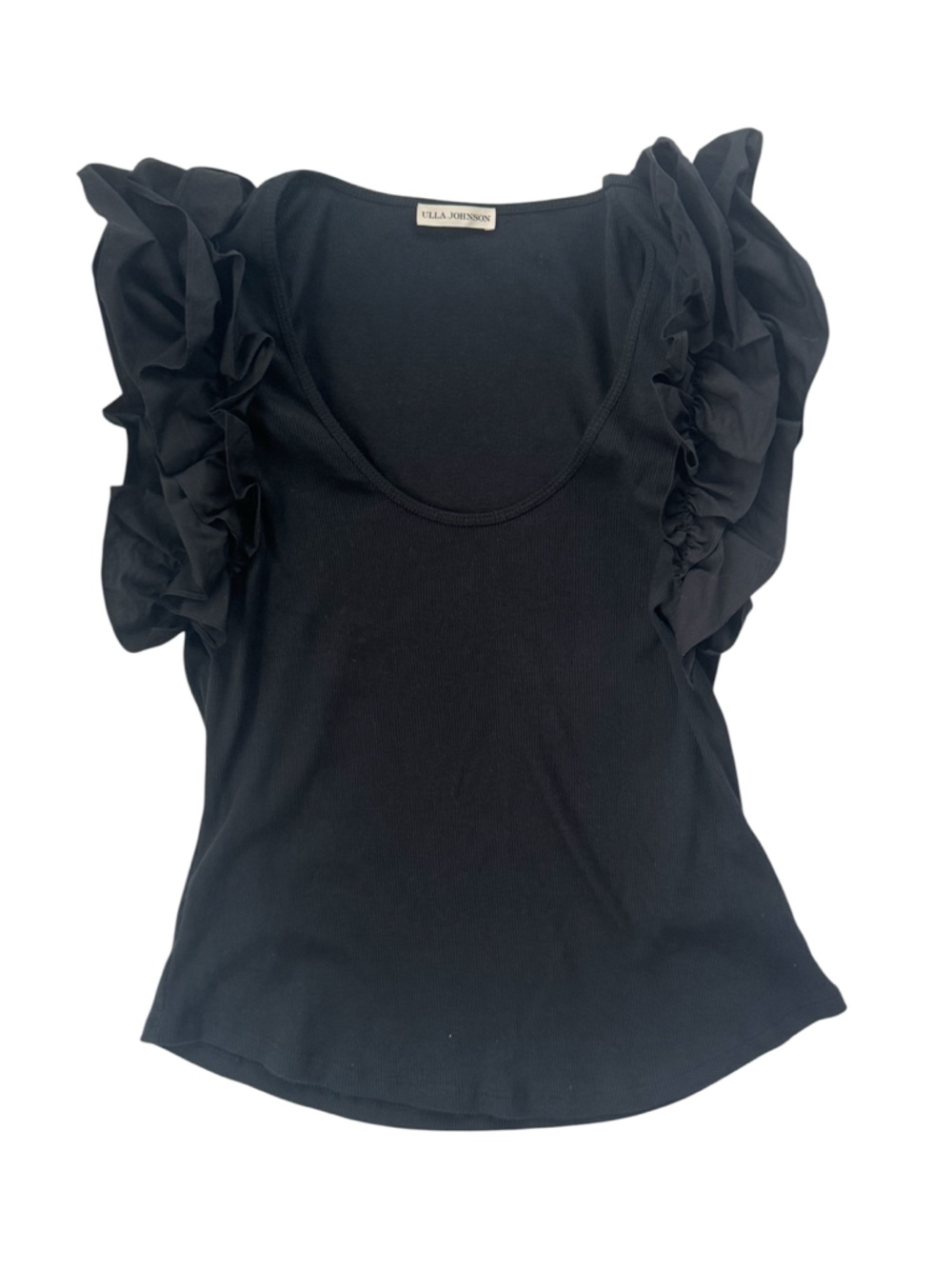 Ulla Johnson Black Top Ruffled Short Sleeve Detail Statement Top